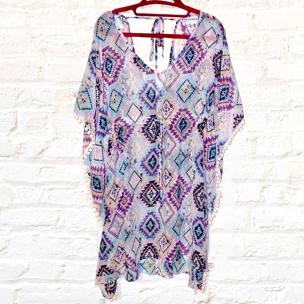 MIKEN Swim Cover Women's Pom-Pom Palm Kimono-Large